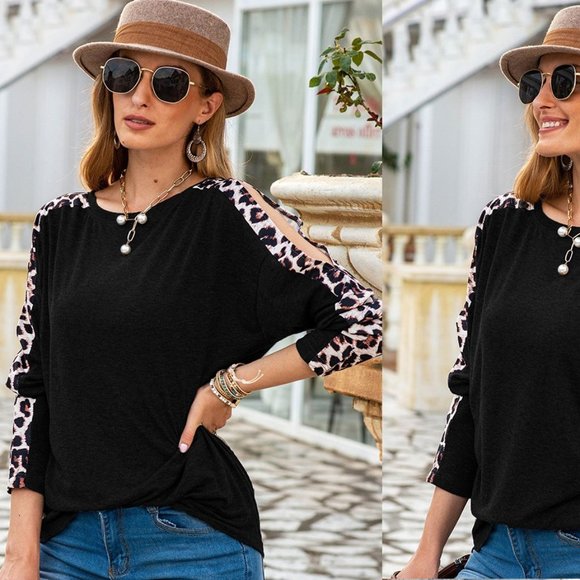 Tops - LAST - Cold Shoulder Splicing Black and Leopard Top